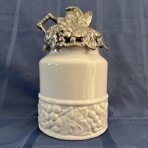 Vintage Milk Glass Canister With Aluminum Lid Grapevine Design 2004 Arthur Court